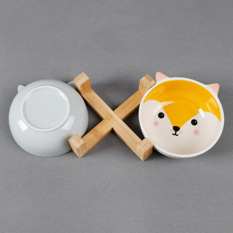 Manufacturer wholesale cute white ceramic cat pet dog bowl with wooden