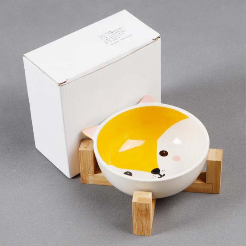 Manufacturer wholesale cute white ceramic cat pet dog bowl with wooden