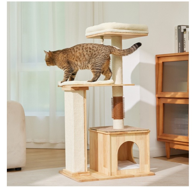 Manufacturer wholesale wooden cat tree scratcher with scratch brush