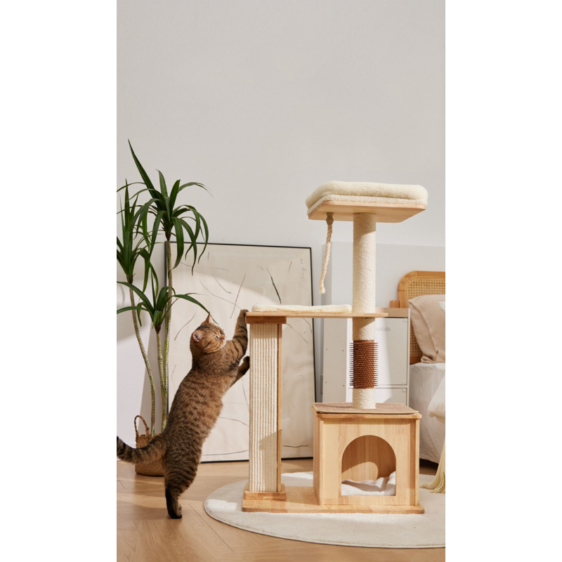 Manufacturer wholesale wooden cat tree scratcher with scratch brush