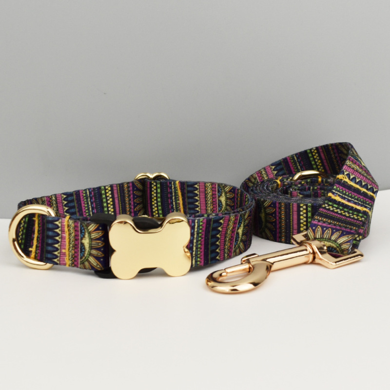 Wholesale Custom Logo Multi Pattern Dog Collar and Leash Set With Tag