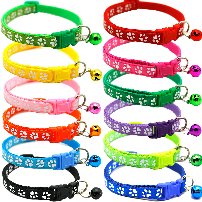 Manufacturer wholesale multi-colors adjustable nylon paw print cat dog collar with bell