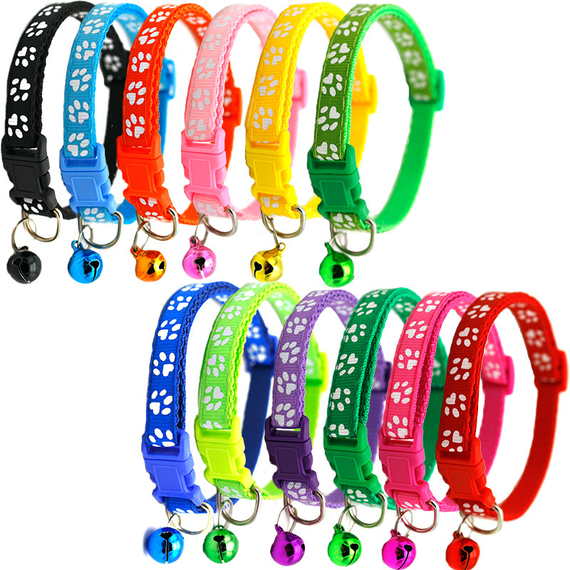 Manufacturer wholesale multi-colors adjustable nylon paw print cat dog collar with bell