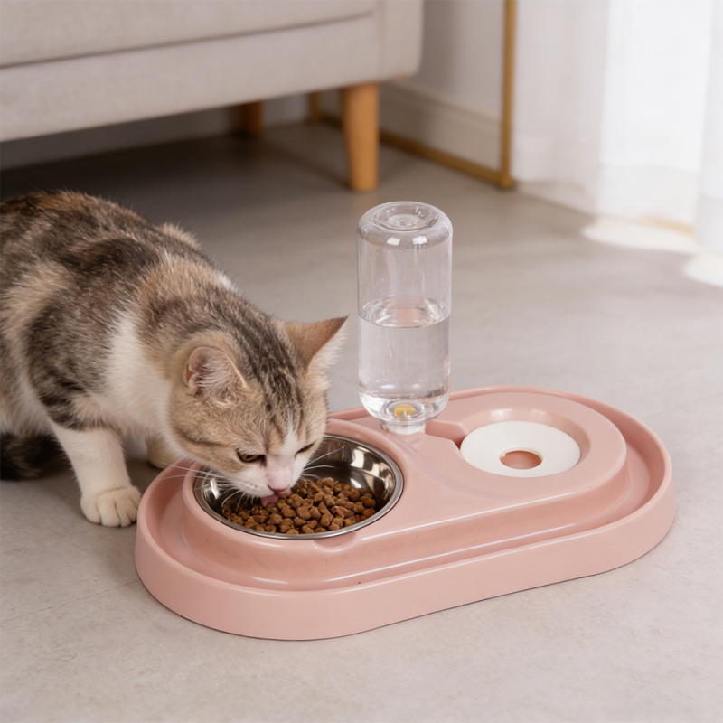 Wholesale Stainless Steel Plastic Cat Dog Bowl with Bottle Dispenser