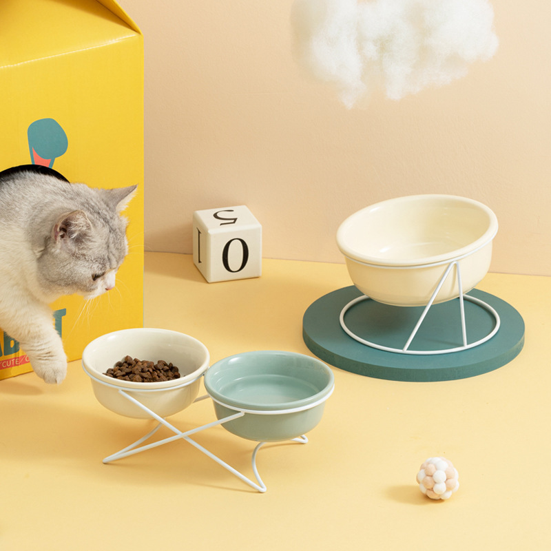 Wholesale Green White Elevated Ceramic Cat Bowl With Stand
