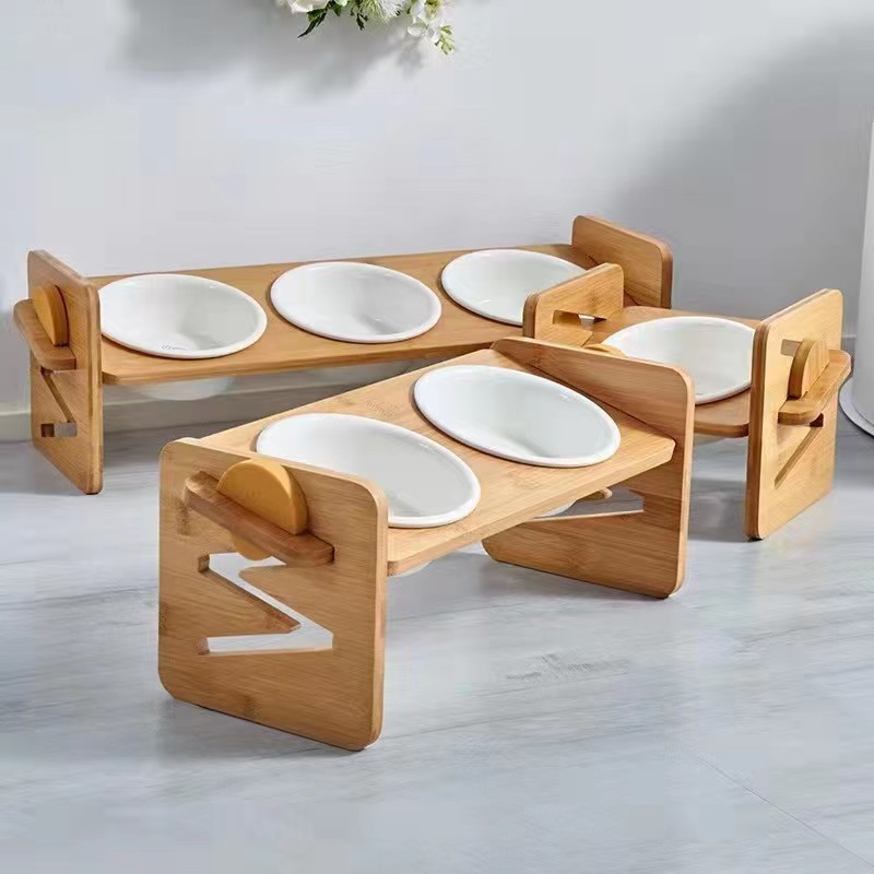 Wholesale Adjustable Height Wooden Silicone Dog Elevated Bowl