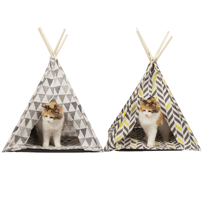 wholesale manufacturer new design linen conical five sticks foldable pet teepee cat tent