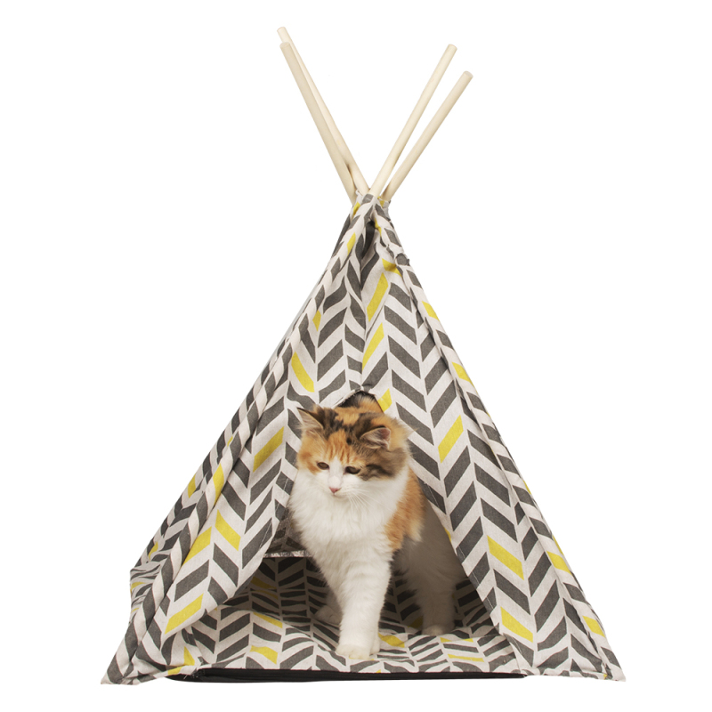 wholesale manufacturer new design linen conical five sticks foldable pet teepee cat tent
