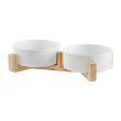 two white bowl with woodern
