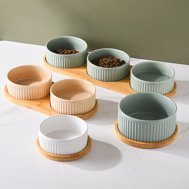 Manufacturer wholesale vertical grain ceramic wooden frame pet cat dog food bowl