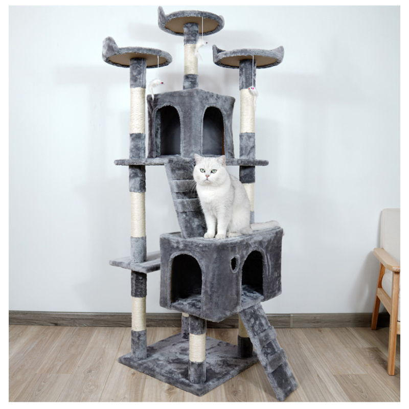 Manufacturer wholesale sisal grey beige short plush scratcher cat tree tower with ladder