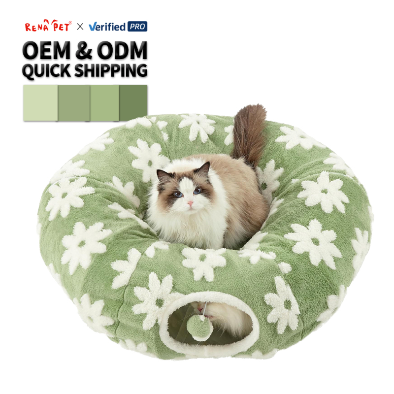 Wholesale Green Flower Design Plush Foldable Collapsible Cat Tunnel Bed