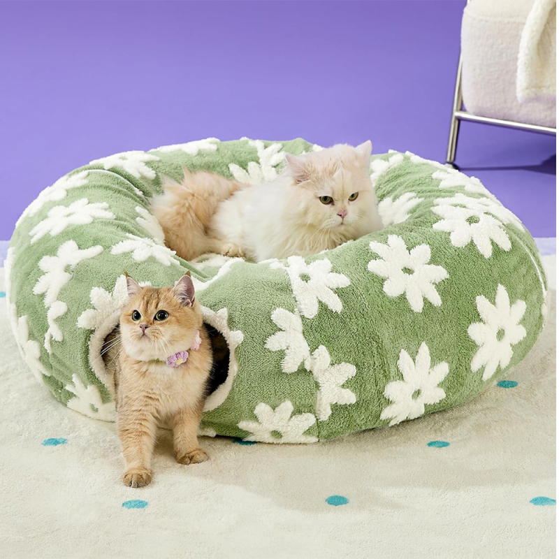 Wholesale Green Flower Design Plush Foldable Collapsible Cat Tunnel Bed