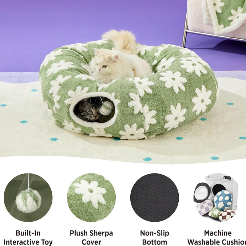 Wholesale Green Flower Design Plush Foldable Collapsible Cat Tunnel Bed