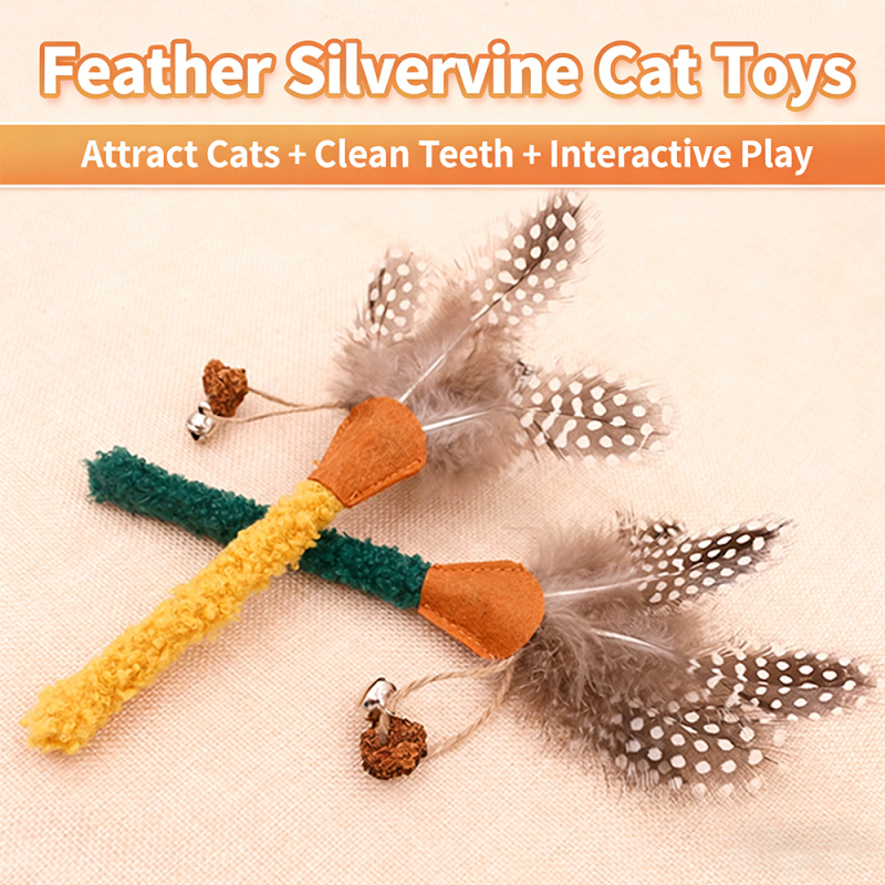 Wholesale Short Plush Feather Silvervine Cat Stick Toy
