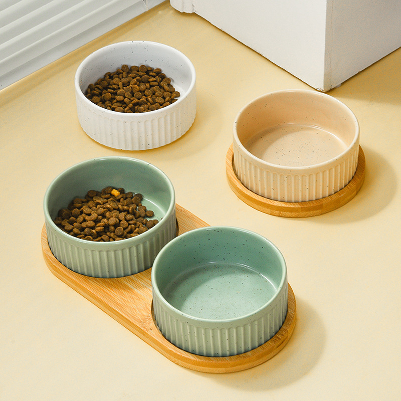 Manufacturer Wholesale Vertical Grain Ceramic Dog Cat Bowls with Wooden Frame