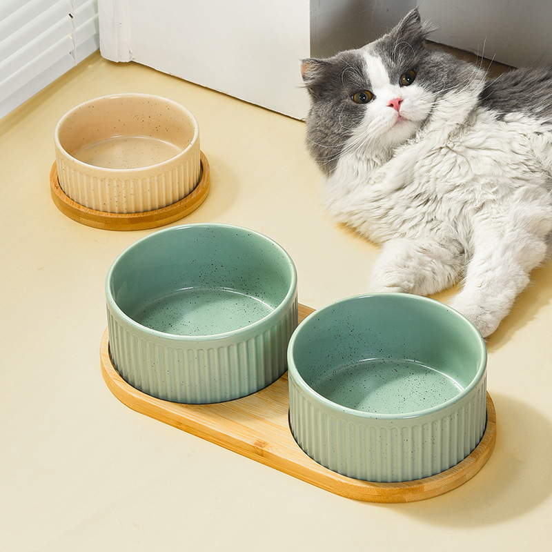 Manufacturer Wholesale Vertical Grain Ceramic Dog Cat Bowls with Wooden Frame