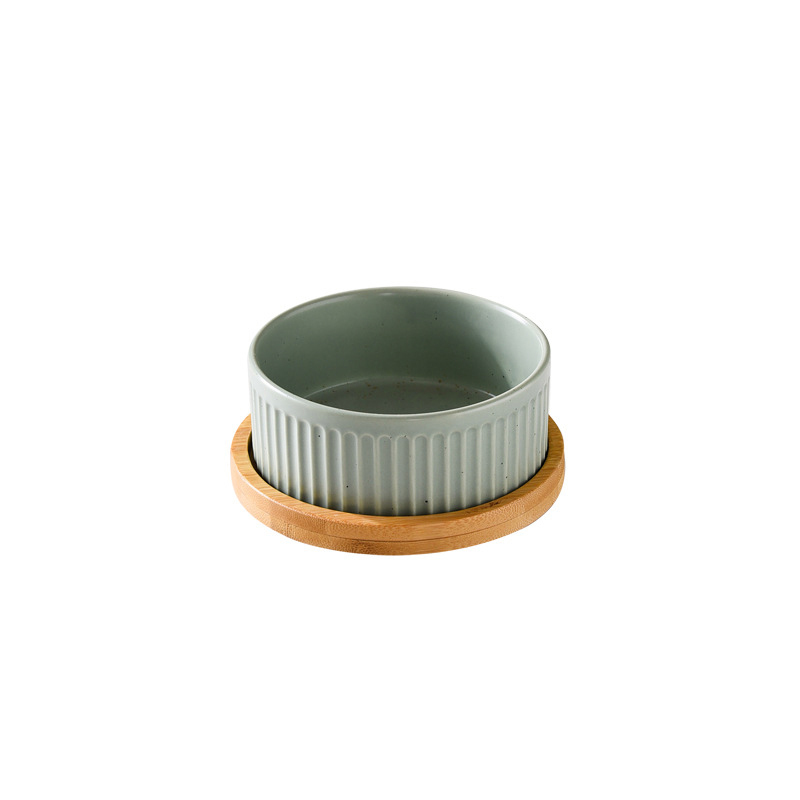 Manufacturer Wholesale Vertical Grain Ceramic Dog Cat Bowls with Wooden Frame