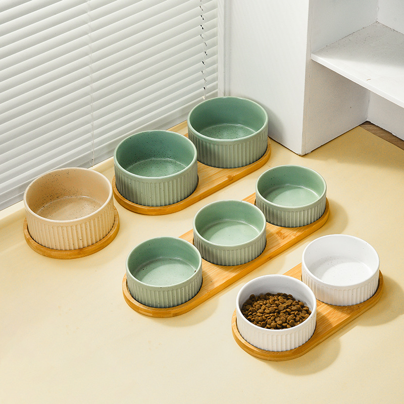 Manufacturer Wholesale Vertical Grain Ceramic Dog Cat Bowls with Wooden Frame