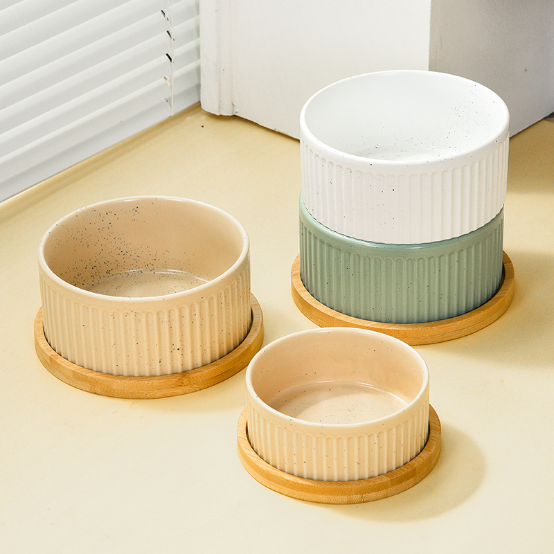 Manufacturer Wholesale Vertical Grain Ceramic Dog Cat Bowls with Wooden Frame