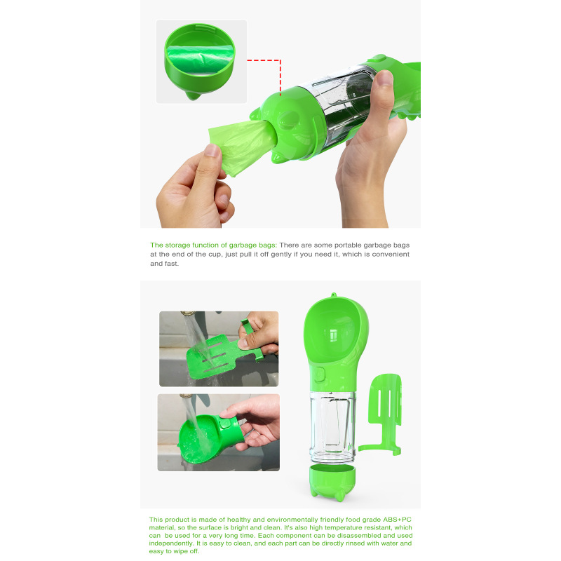 Manufacturer wholesale 3 in 1 portable functional dog water bottle food with poop bag storage