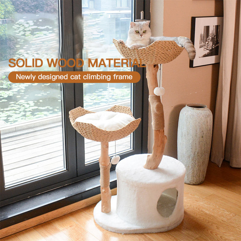 Manufacturer wholesale rattan weaving cat tree house solid wood