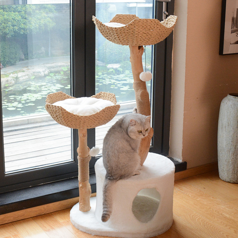 Manufacturer wholesale rattan weaving cat tree house solid wood