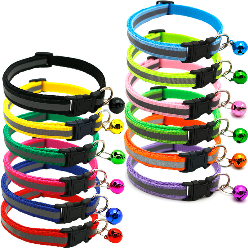 Manufacturer wholesale multi-colors adjustable nylon reflective collar with bell for cat dog use