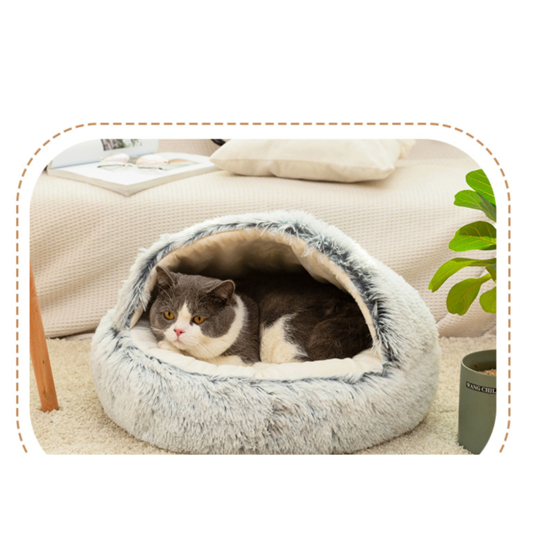 Manufacturer wholesale soft plush warm pink grey coffee cat bed with cover