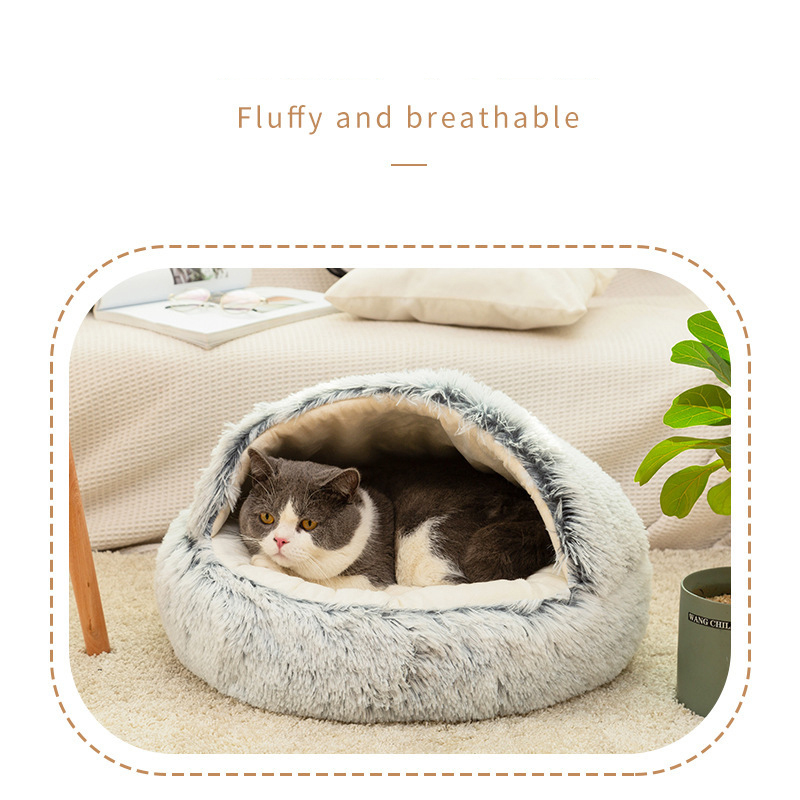 Manufacturer wholesale soft plush warm pink grey coffee cat bed with cover