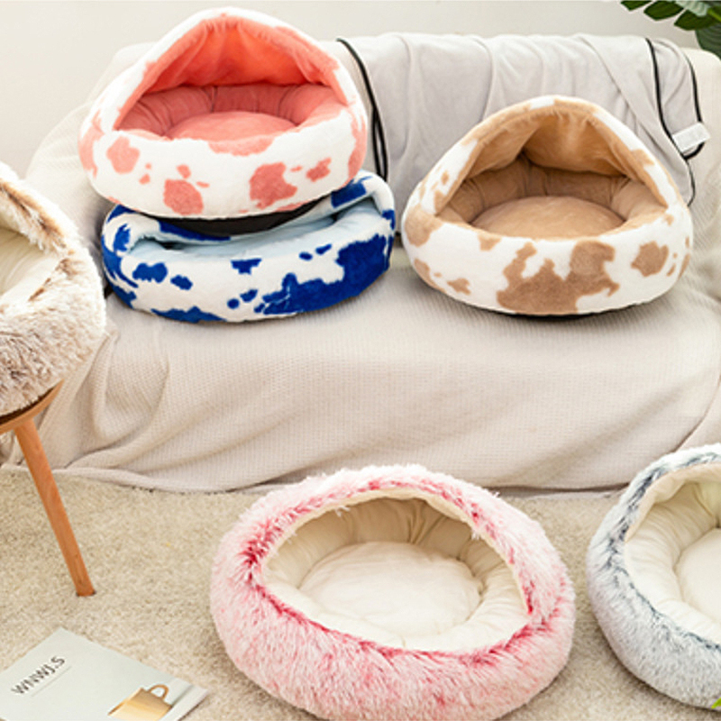 Manufacturer wholesale soft plush warm pink grey coffee cat bed with cover
