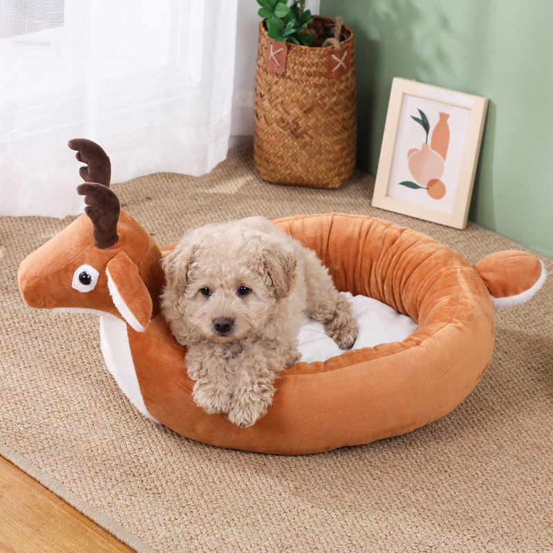 Wholesale Soft Short Plush Cute Deer Design Small Dog Cat Beds for Indoor Cats