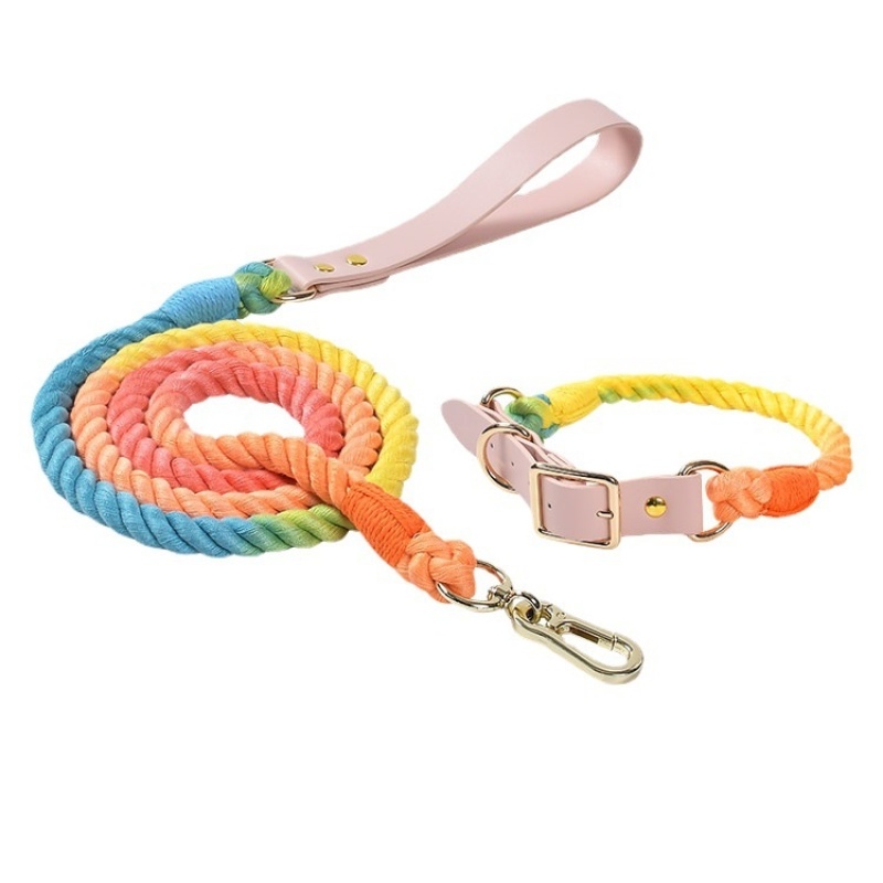 Wholesale PU Leather Woven Rope Colorful Custom Logo Dog Collar and Leash Set