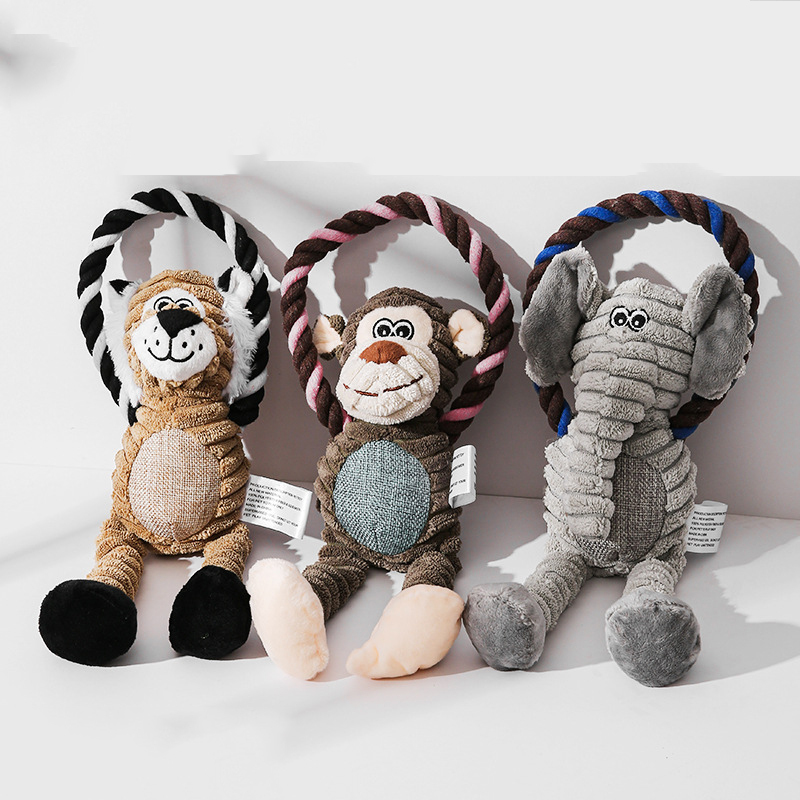 Manufacturer wholesale squeaky dog plush rope toys monkey lion elephant