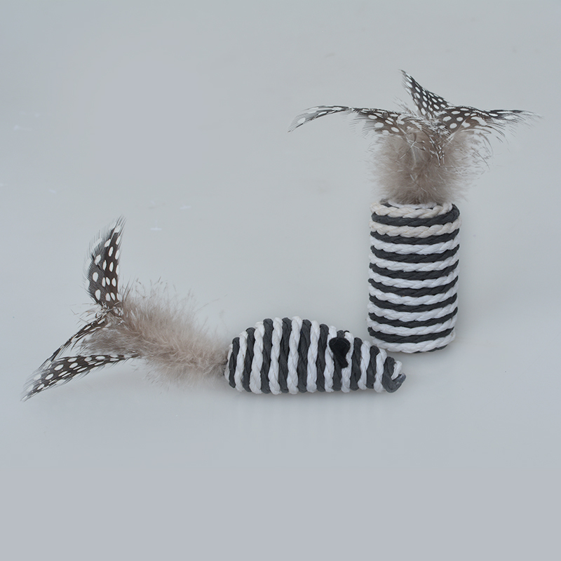 Manufacturer wholesale black white sisal feather plush cat teasing toys set