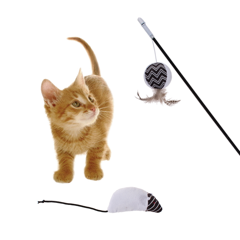 Manufacturer wholesale black white sisal feather plush cat teasing toys set