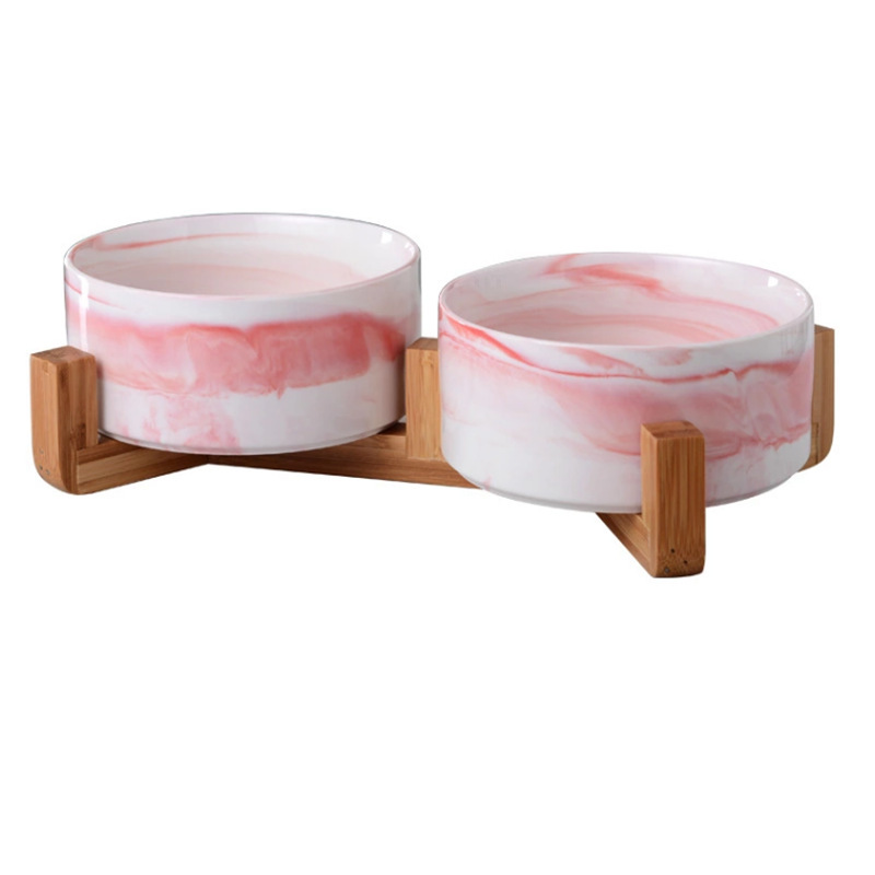 Manufacturer wholesale pink grey marble pattern dog ceramic bowl with wooden frame