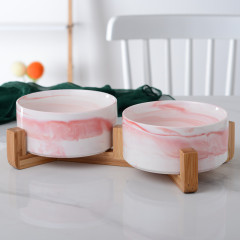 Manufacturer wholesale pink grey marble pattern dog ceramic bowl with wooden frame
