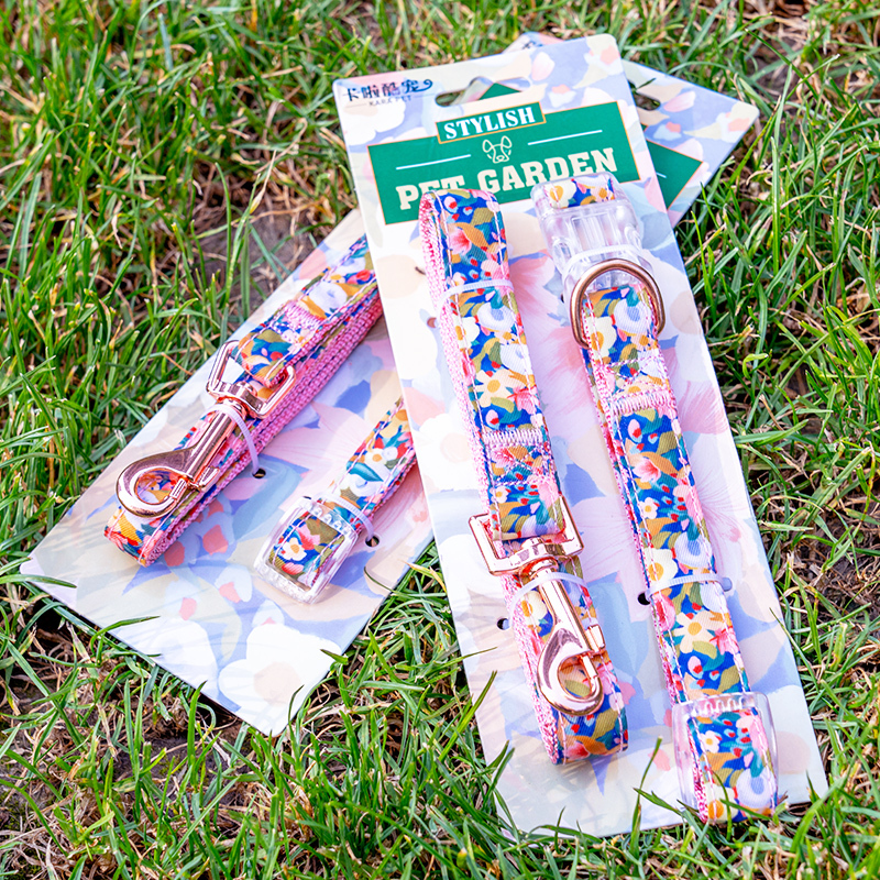 Manufacturer wholesale custom logo nylon pink flower dog collar and leash set