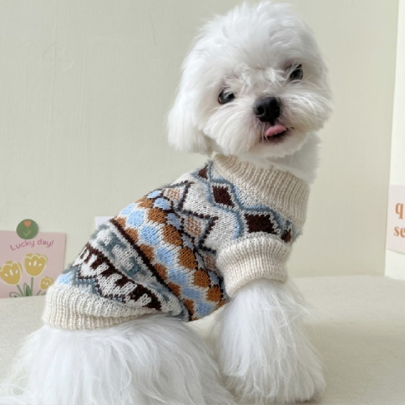 Wholesale Warm Blue Beige Knitting Dog Sweater