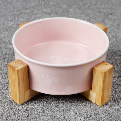 Manufacturer wholesale pattern design ceramic dog cat pet bowl with wooden frame
