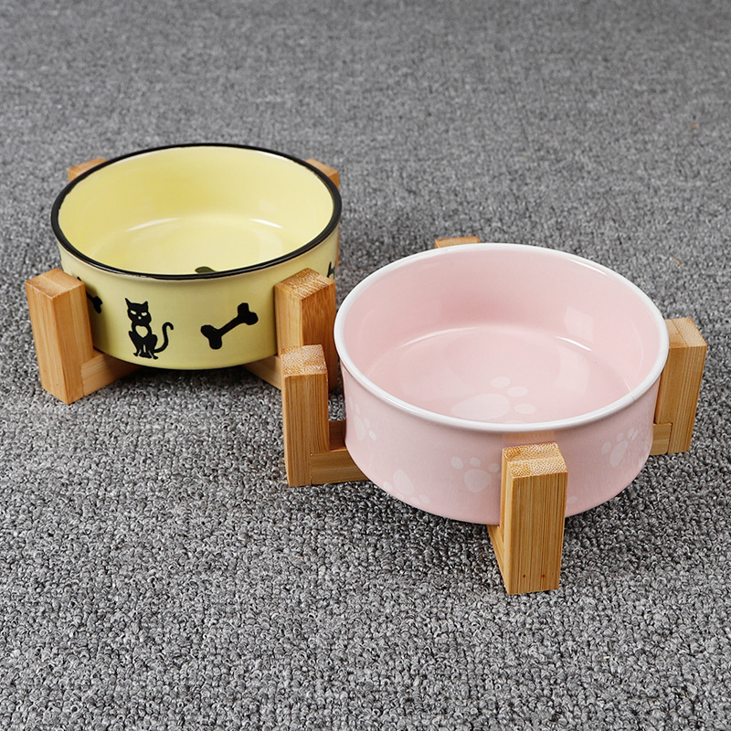 Manufacturer wholesale pattern design ceramic dog cat pet bowl with wooden frame