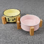 Manufacturer wholesale pattern design ceramic dog cat pet bowl with wooden frame
