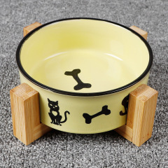 Manufacturer wholesale pattern design ceramic dog cat pet bowl with wooden frame