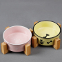 Manufacturer wholesale pattern design ceramic dog cat pet bowl with wooden frame