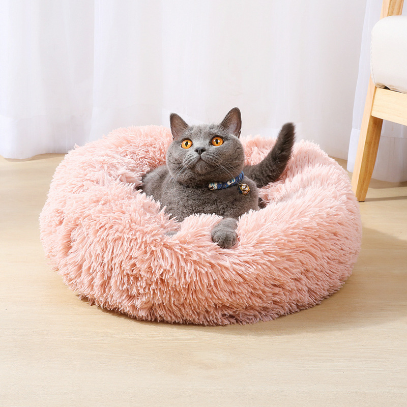 wholesale manufacturer soft luxury plush pink grey white pet cushion round cat dog bed