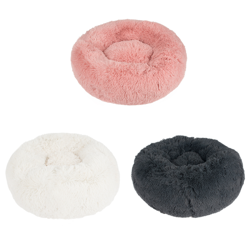wholesale manufacturer soft luxury plush pink grey white pet cushion round cat dog bed