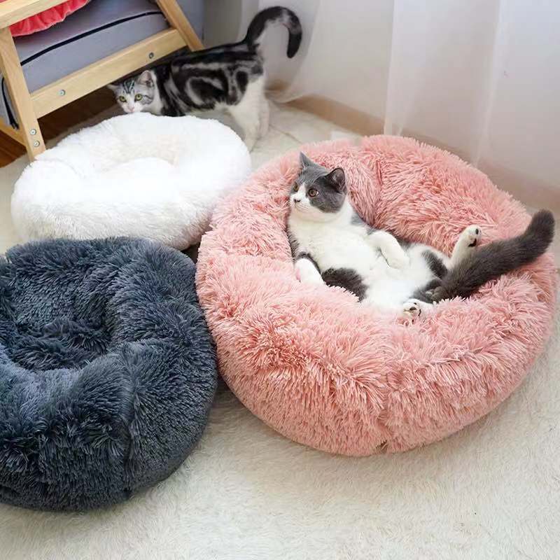 wholesale manufacturer soft luxury plush pink grey white pet cushion round cat dog bed