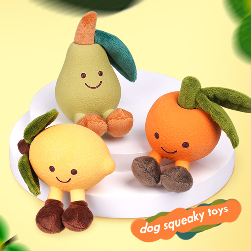 Manufacturer wholesale squeaky fruit design short plush chew dog latex toy