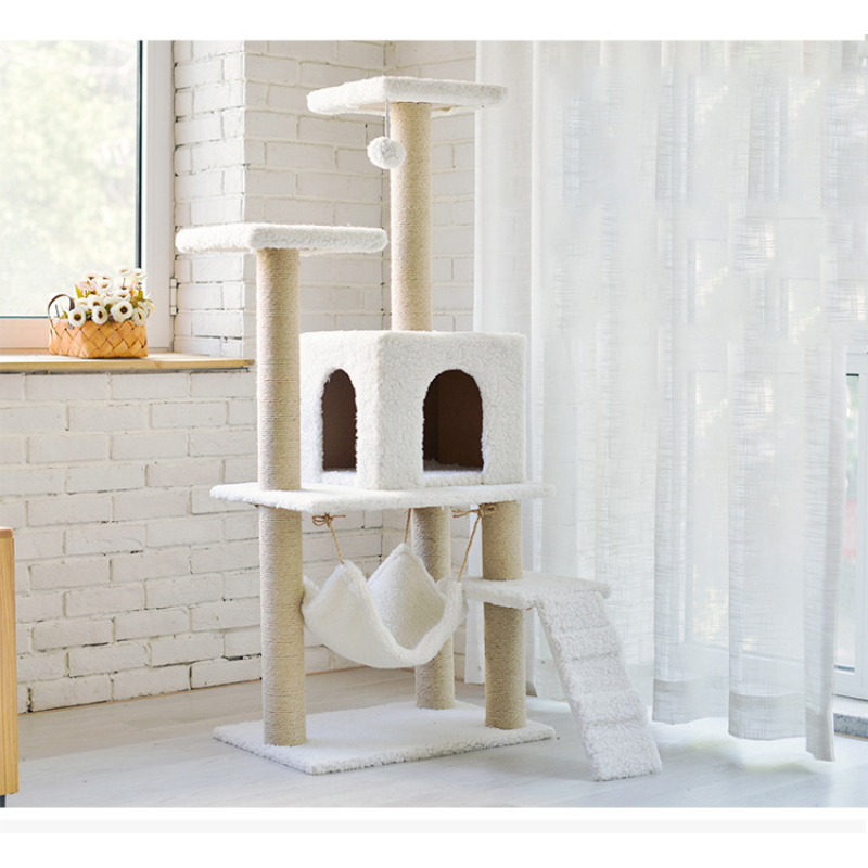 Manufacturer wholesale sisal short plush stable cat tree with hammock ladder